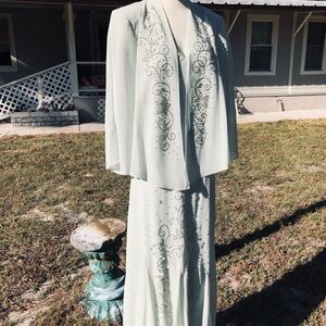 Classy Formal Gown R&M Richards Misty Green S12 Maxi With Jacket Mermaid Beaded